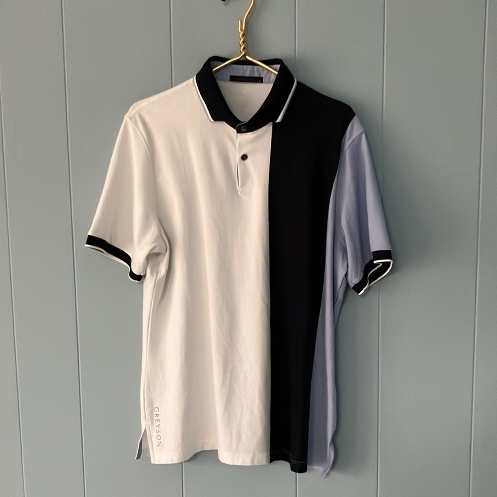 Greyson Golf Shirt Polo Style ColorBlock Blue White Snap Neck Wolf Logo Size L